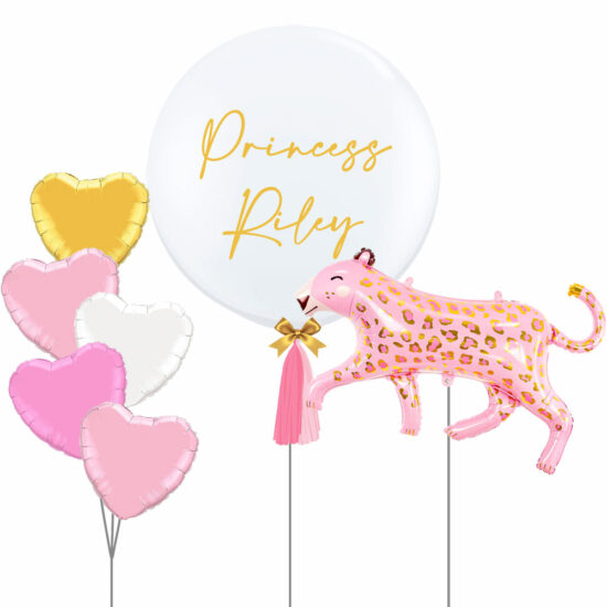 Newborn Themed Balloon Bouquet White Customised Designer Bubble Balloon Heart Foil Helium Latex Bouquet Glossy Pink Leopard with Gold Spots