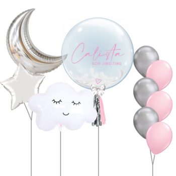 Newborn Themed Balloon Bouquet Stuffed Customised Designer Bubble Balloon Pink Cascading Chrome Fashion Helium Latex Bouquet Sleepy Cloud Star Crescent Moon Foil