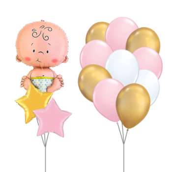 Newborn Themed Balloon Bouquet Pink Gold Chrome Fashion Helium Latex Bouquet Newborn Baby Star Foil