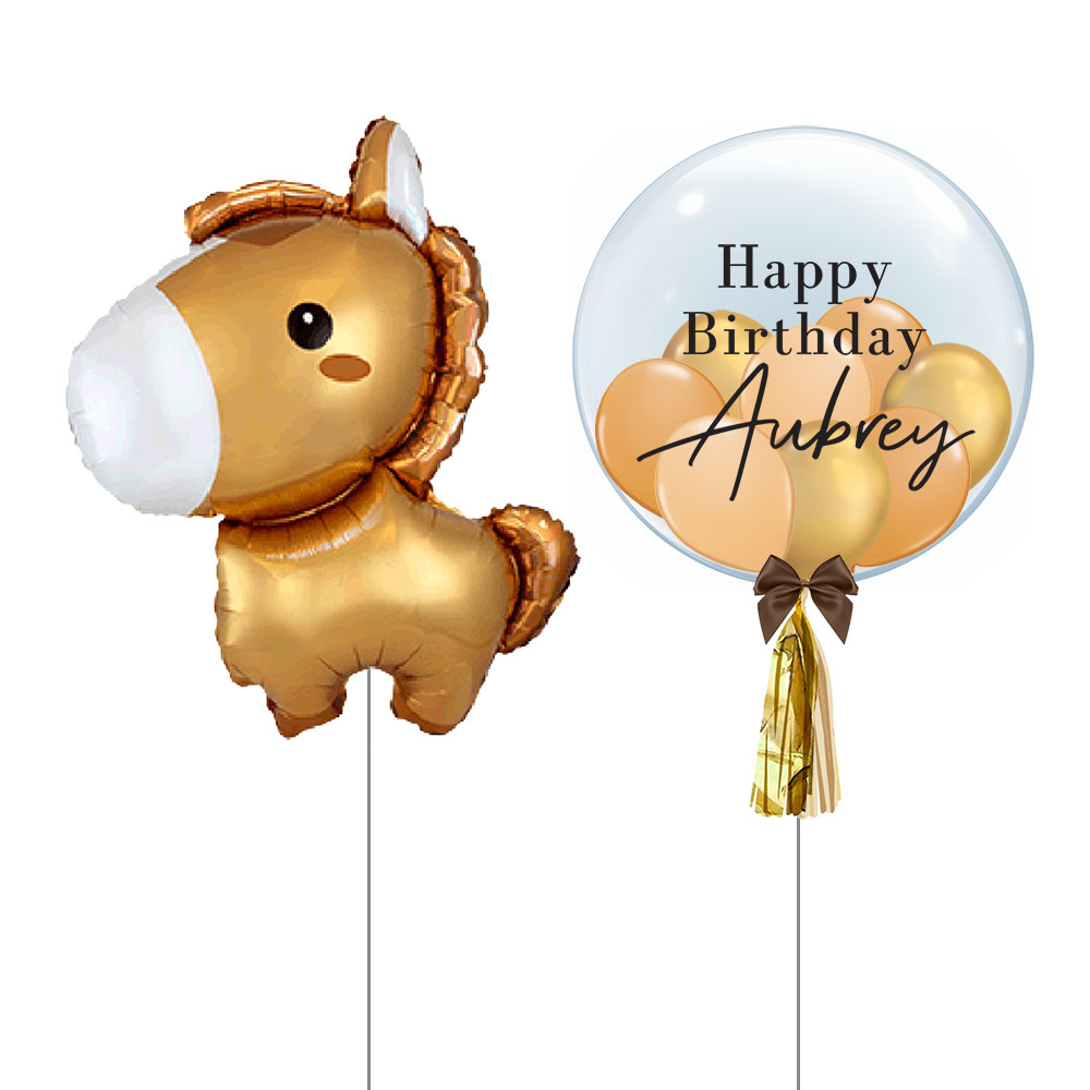 Animals Themed Bouquet - Baby Horse Foil Balloon + Customized Designer  Bubble Balloon with Stuffed Mini-balloons