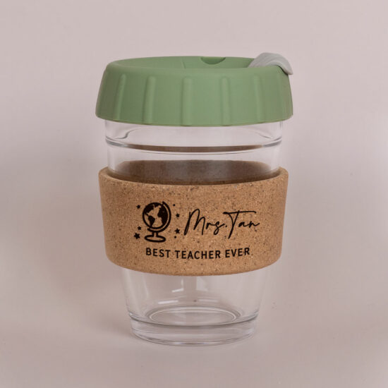 Custom Engraved Cork Wood Band Coffee Cup (Slanted/ Flat Lid) 12oz - Best Teacher Ever Design