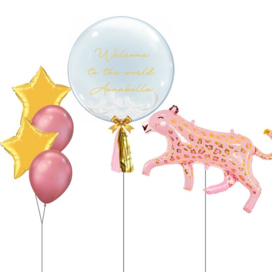 Newborn-Themed Baby Balloon Set - Customized 24inch Feather-Filled Bubble Balloon, Pink Leopard/Cheetah, Gold Star Foil Balloon Bouquet