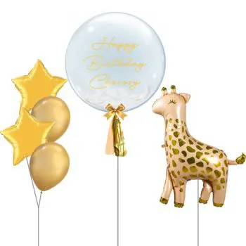 Newborn-Themed Baby Balloon Set - Customized 24inch Feather-Filled Bubble Balloon, Giraffe, Gold Star Foil Balloon Bouquet