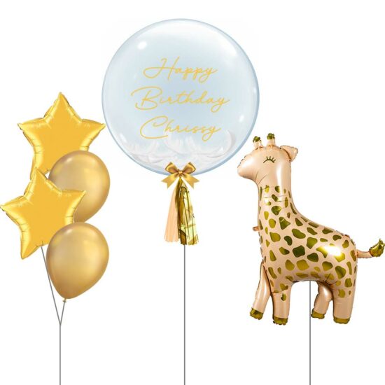 Newborn-Themed Baby Balloon Set - Customized 24inch Feather-Filled Bubble Balloon, Giraffe, Gold Star Foil Balloon Bouquet