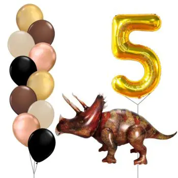 Birthday Balloon Set - 40inch Number (No. 1-9) Foil Balloon + Air-Walker Triceratops Balloon + Cascading Balloon Bouquet