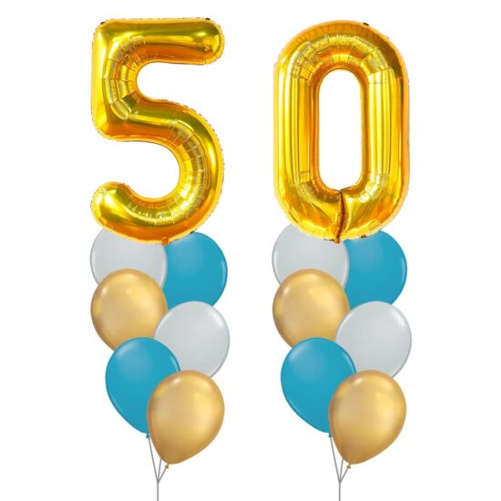 50th Birthday Balloon Set 01 (Gold) - 40inch No. 5 & No. 0 Mylar Balloons + 2x Balloon Bouquets