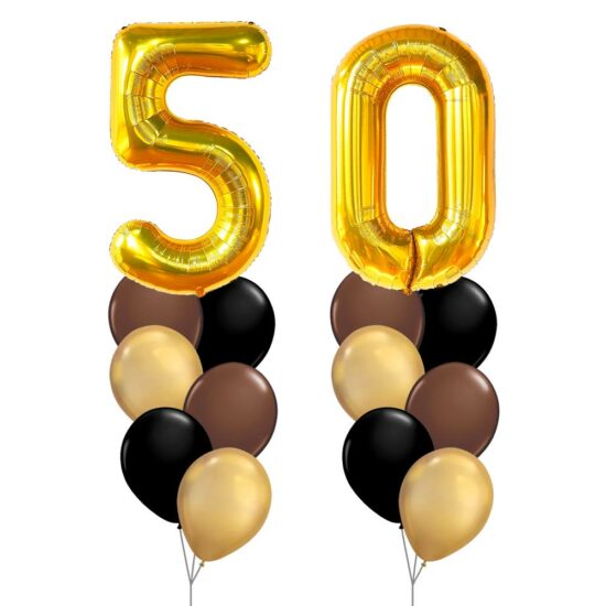 50th Birthday Balloon Set 02 (Gold) - 40inch No. 5 & No. 0 Mylar Balloons + 2x Balloon Bouquets