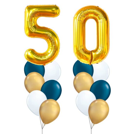50th Birthday Balloon Set 03 (Gold) - 40inch No. 5 & No. 0 Mylar Balloons + 2x Balloon Bouquets