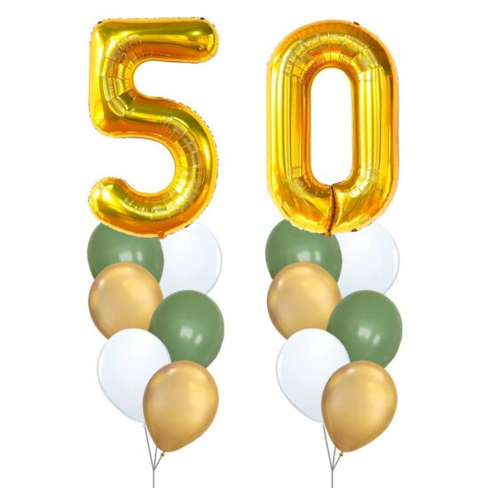 50th Birthday Balloon Set 04 (Gold) - 40inch No. 5 & No. 0 Mylar Balloons + 2x Balloon Bouquets