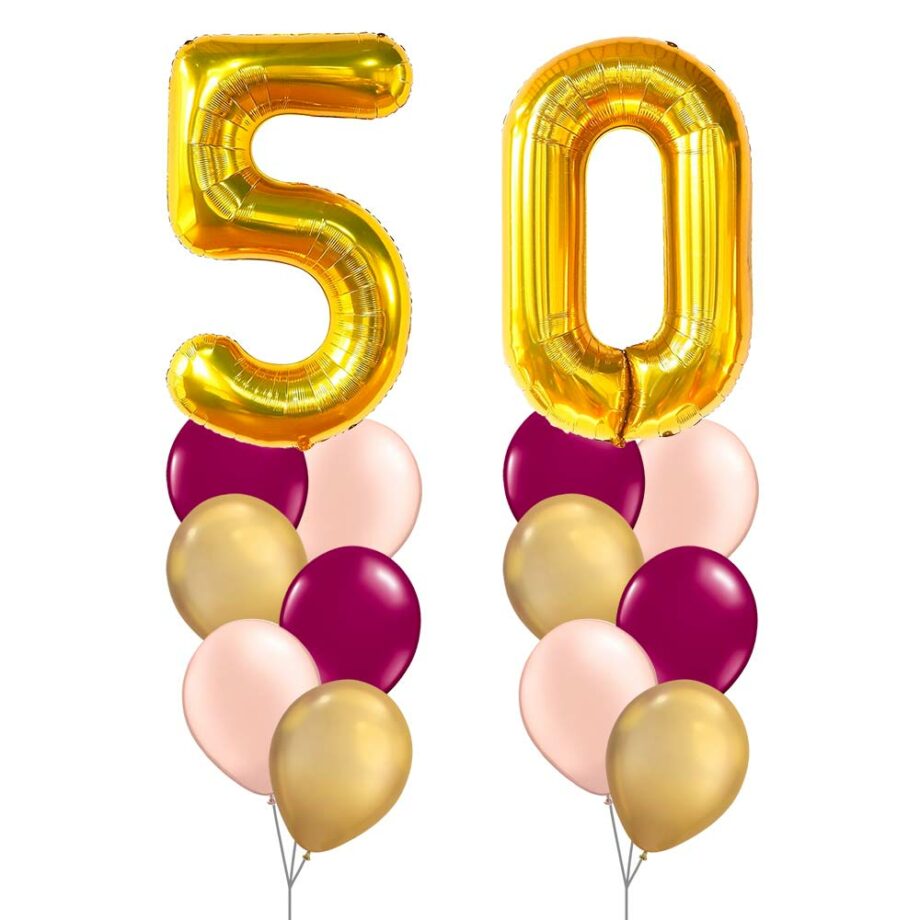 50th Birthday Balloon Set 05 (Gold) - 40inch No. 5 & No. 0 Mylar Balloons + 2x Balloon Bouquets