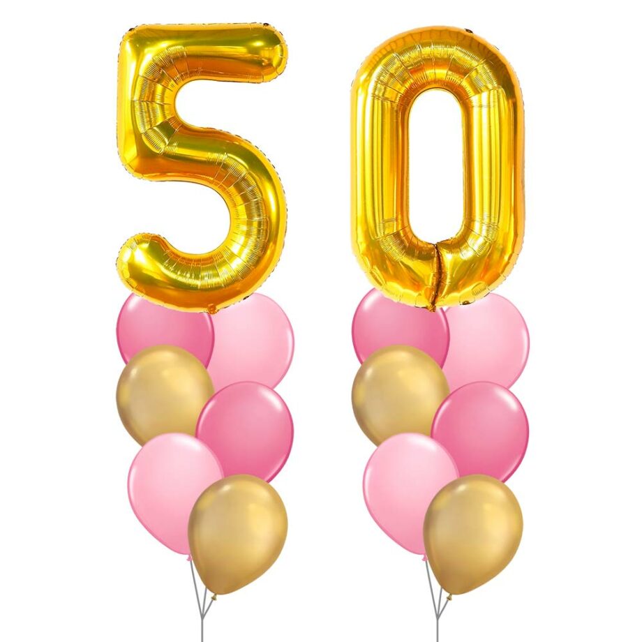 50th Birthday Balloon Set 06 (Gold) - 40inch No. 5 & No. 0 Mylar Balloons + 2x Balloon Bouquets