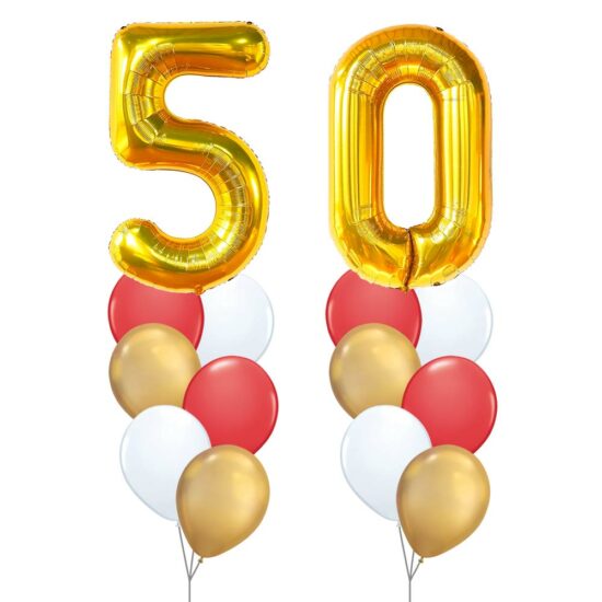 50th Birthday Balloon Set 07 (Gold) - 40inch No. 5 & No. 0 Mylar Balloons + 2x Balloon Bouquets