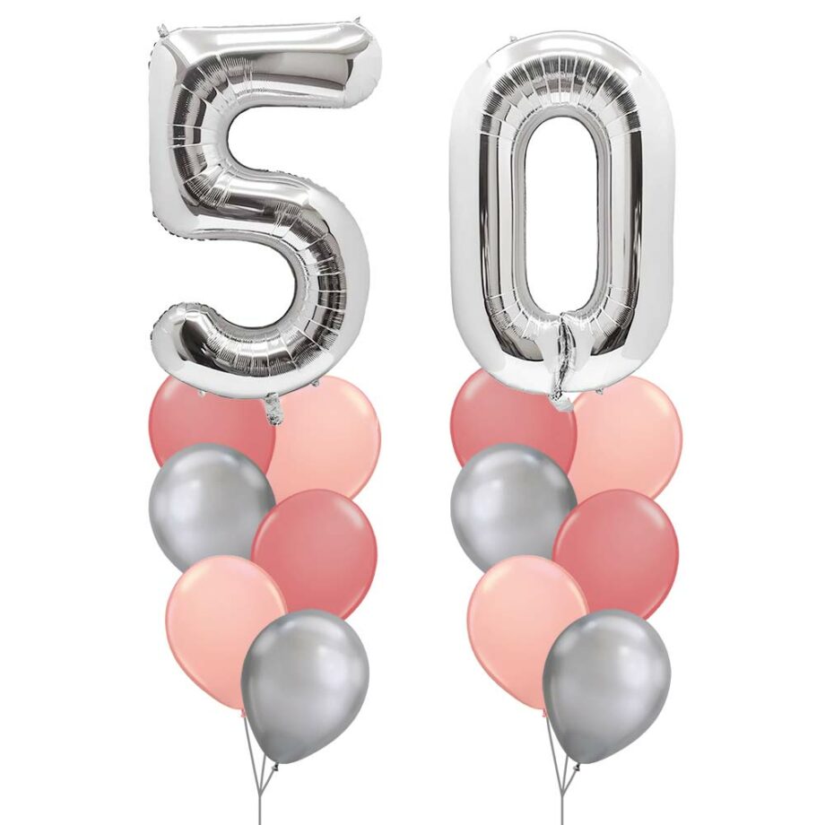 50th Birthday Balloon Set 01 (Silver) - 40inch No. 5 & No. 0 Mylar Balloons + 2x Balloon Bouquets