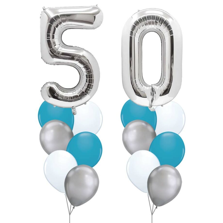 50th Birthday Balloon Set 02 (Silver) - 40inch No. 5 & No. 0 Mylar Balloons + 2x Balloon Bouquets
