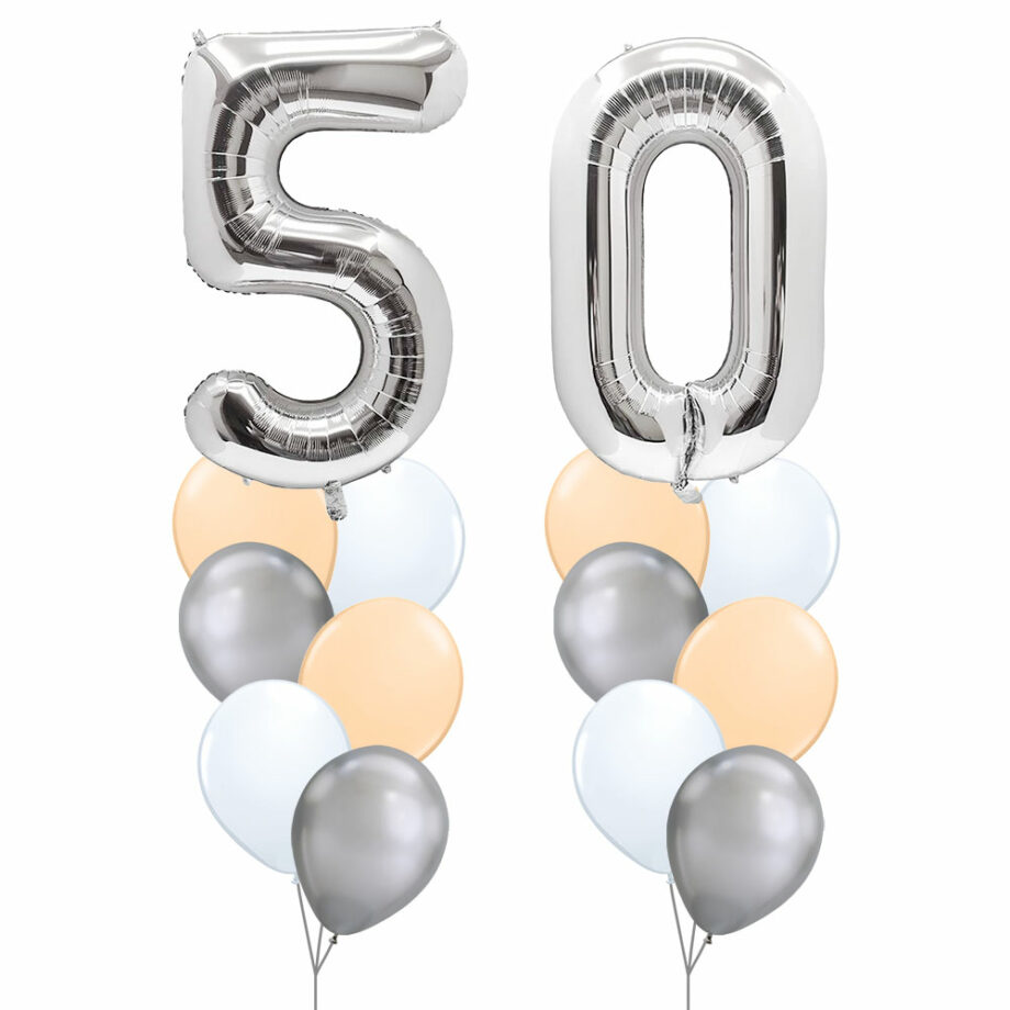 50th Birthday Balloon Set 03 (Silver) - 40inch No. 5 & No. 0 Mylar Balloons + 2x Balloon Bouquets