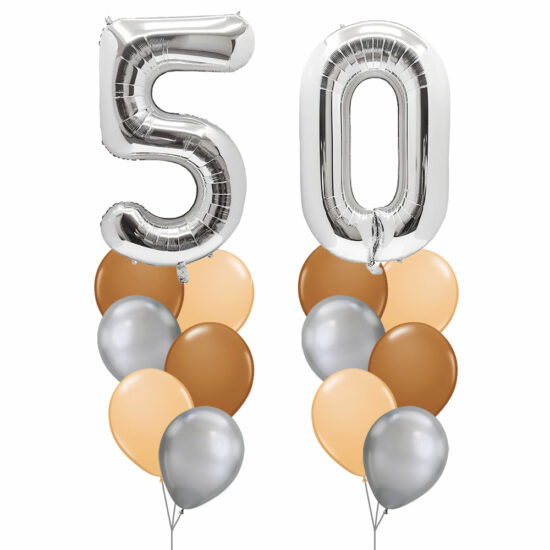 50th Birthday Balloon Set 04 (Silver) - 40inch No. 5 & No. 0 Mylar Balloons + 2x Balloon Bouquets