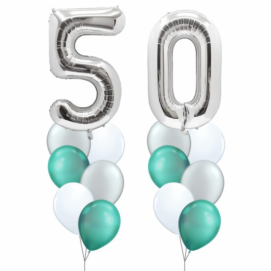 50th Birthday Balloon Set 05 (Silver) - 40inch No. 5 & No. 0 Mylar Balloons + 2x Balloon Bouquets