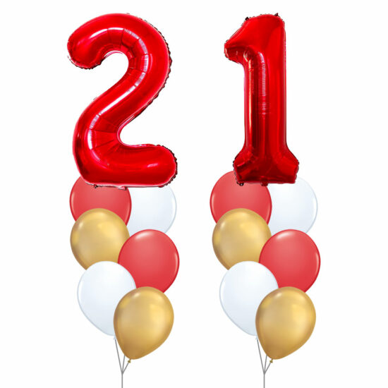 21st Birthday Balloon Set 01 (Red) - 40inch No. 2 & No. 1 Mylar Balloons + 2x Balloon Bouquets