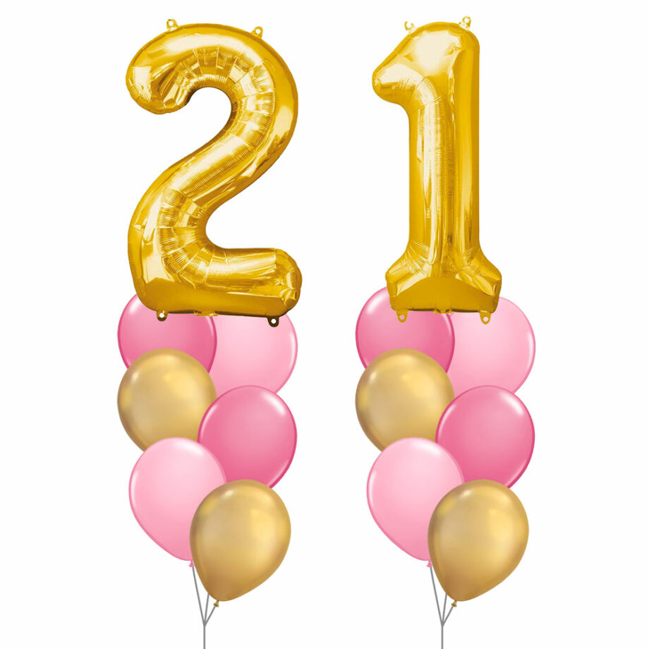21st Birthday Balloon Set 02 (Gold) - 40inch No. 2 & No. 1 Mylar Balloons + 2x Balloon Bouquets