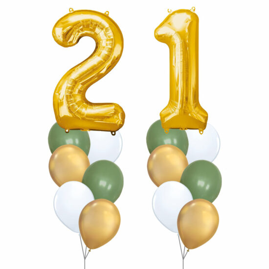 21st Birthday Balloon Set 03 (Gold) - 40inch No. 2 & No. 1 Mylar Balloons + 2x Balloon Bouquets