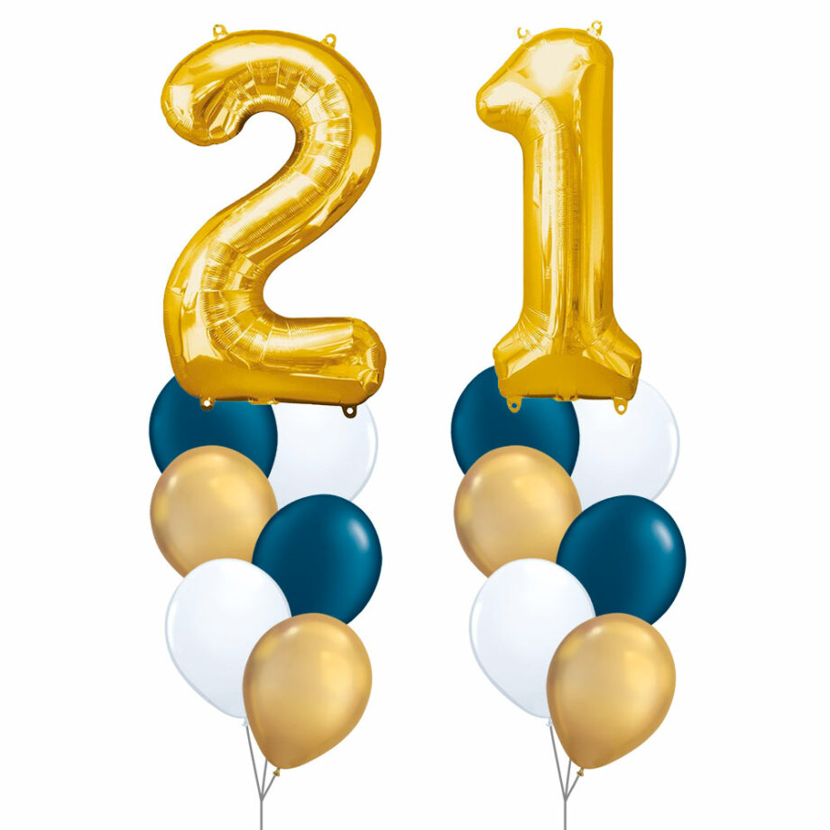 21st Birthday Balloon Set 04 (Gold) - 40inch No. 2 & No. 1 Mylar Balloons + 2x Balloon Bouquets