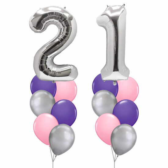 21st Birthday Balloon Set 01 (Silver) - 40inch No. 2 & No. 1 Mylar Balloons + 2x Balloon Bouquets