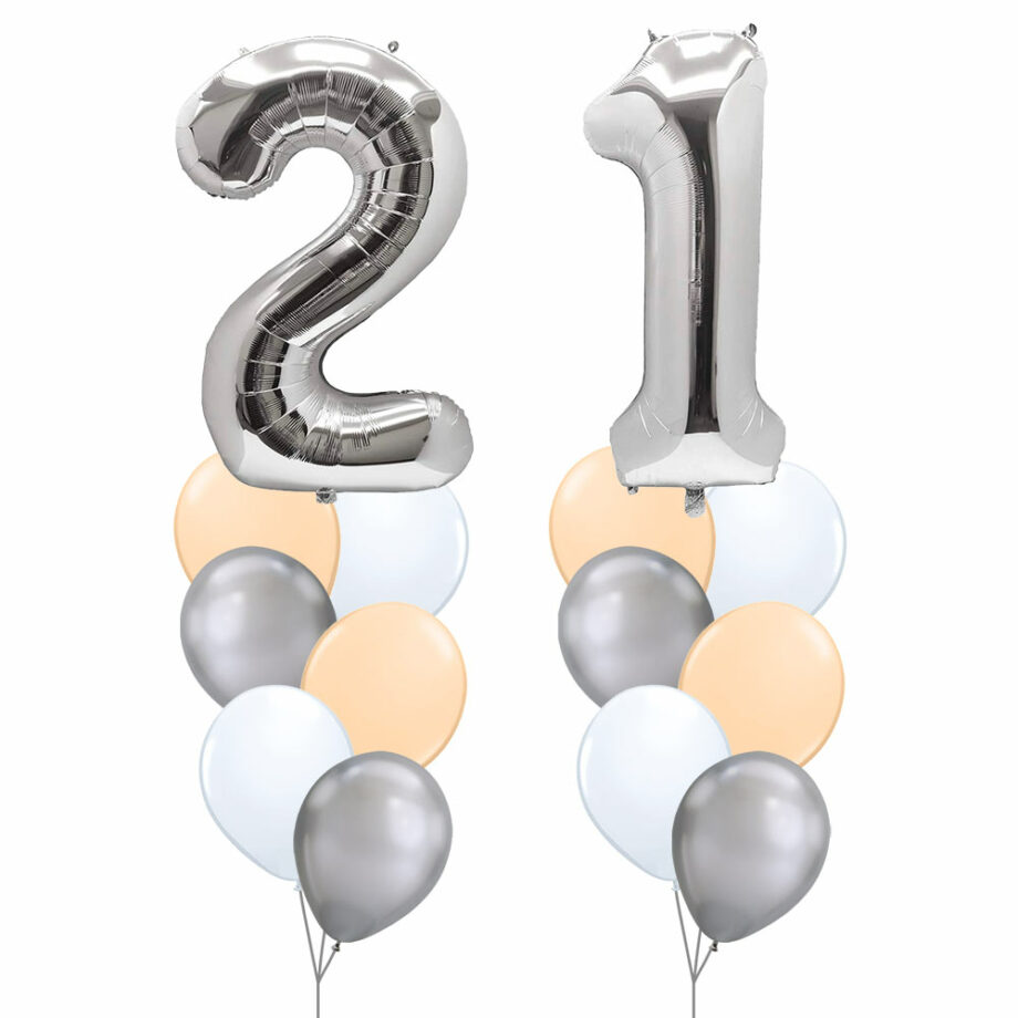 21st Birthday Balloon Set 02 (Silver) - 40inch No. 2 & No. 1 Mylar Balloons + 2x Balloon Bouquets