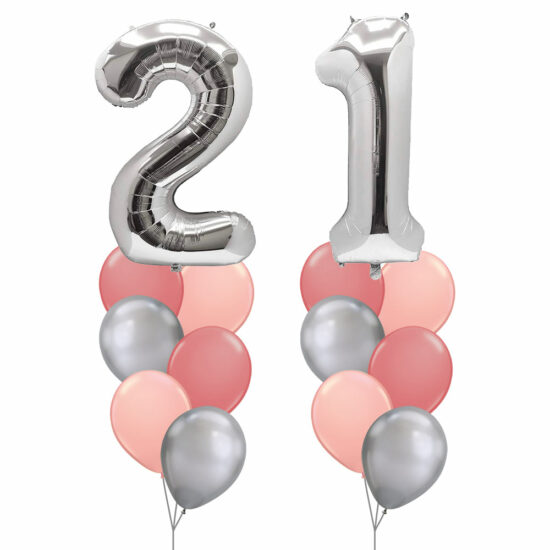 21st Birthday Balloon Set 03 (Silver) - 40inch No. 2 & No. 1 Mylar Balloons + 2x Balloon Bouquets