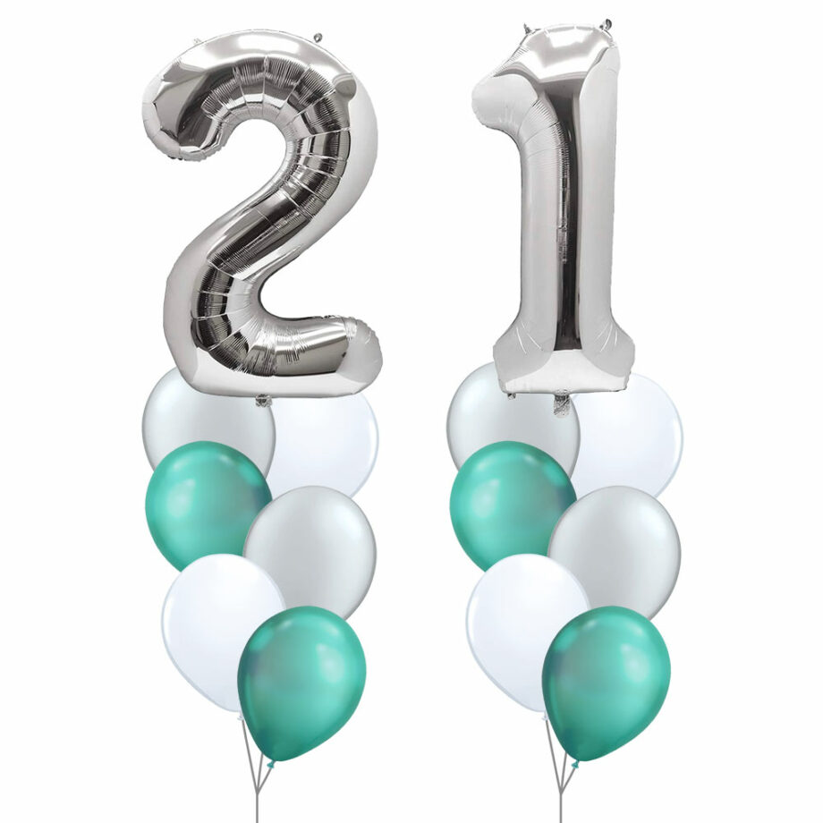 21st Birthday Balloon Set 04 (Silver) - 40inch No. 2 & No. 1 Mylar Balloons + 2x Balloon Bouquets