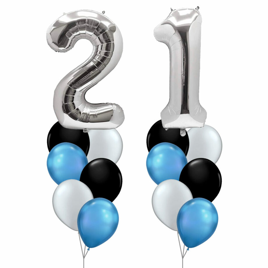 21st Birthday Balloon Set 05 (Silver) - 40inch No. 2 & No. 1 Mylar Balloons + 2x Balloon Bouquets