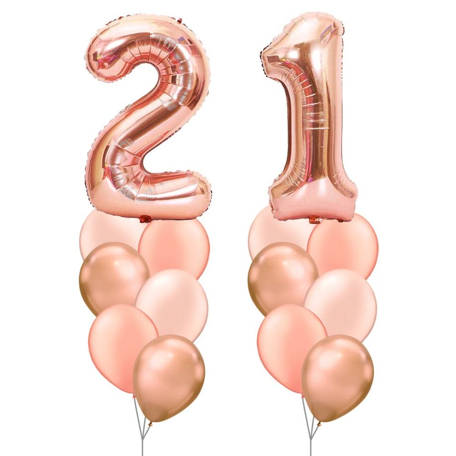 21st Birthday Balloon Set 01 (Rose Gold) - 40inch No. 2 & No. 1 Mylar Balloons + 2x Balloon Bouquets