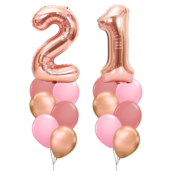 21st Birthday Balloon Set 03 (Rose Gold) - 40inch No. 2 & No. 1 Mylar Balloons + 2x Balloon Bouquets
