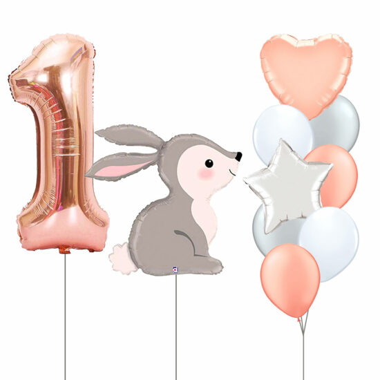 Woodlands Bunny Foil & 1st Birthday Balloons Set - 1x 40inch "No. 1" Rose Gold Foil Balloon + 1x Woodlands Bunny Foil Balloon + 1x Heart & Star Foil Balloon Bouquet