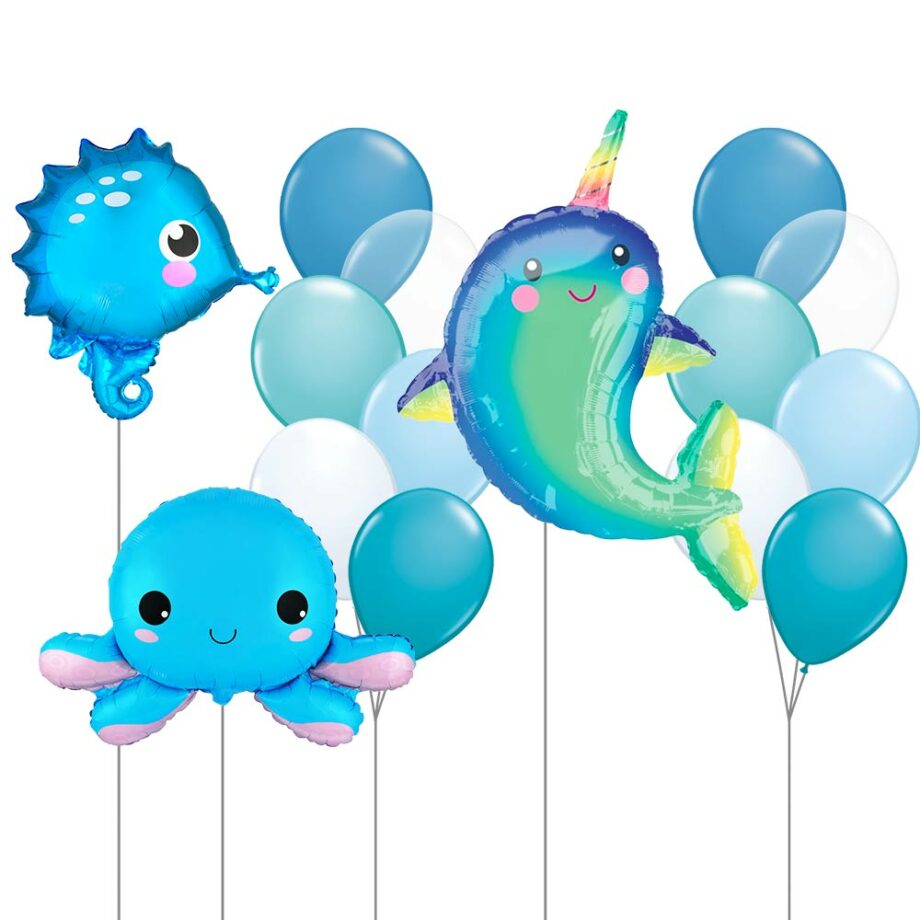 Marine Animal Balloons Set - Octopus, Seahorse, Narwhal + 2x Side Bouquets