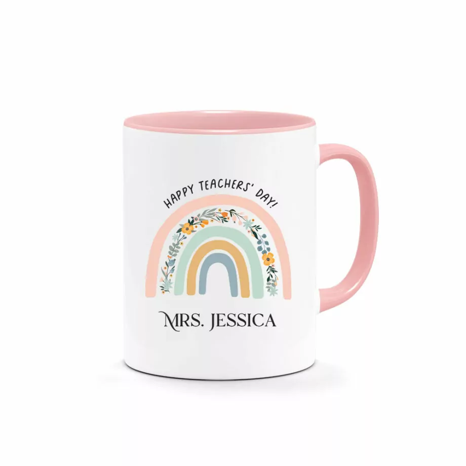 Custom Printed Mug - Dusty Pink Rainbow Design - Teacher Gift