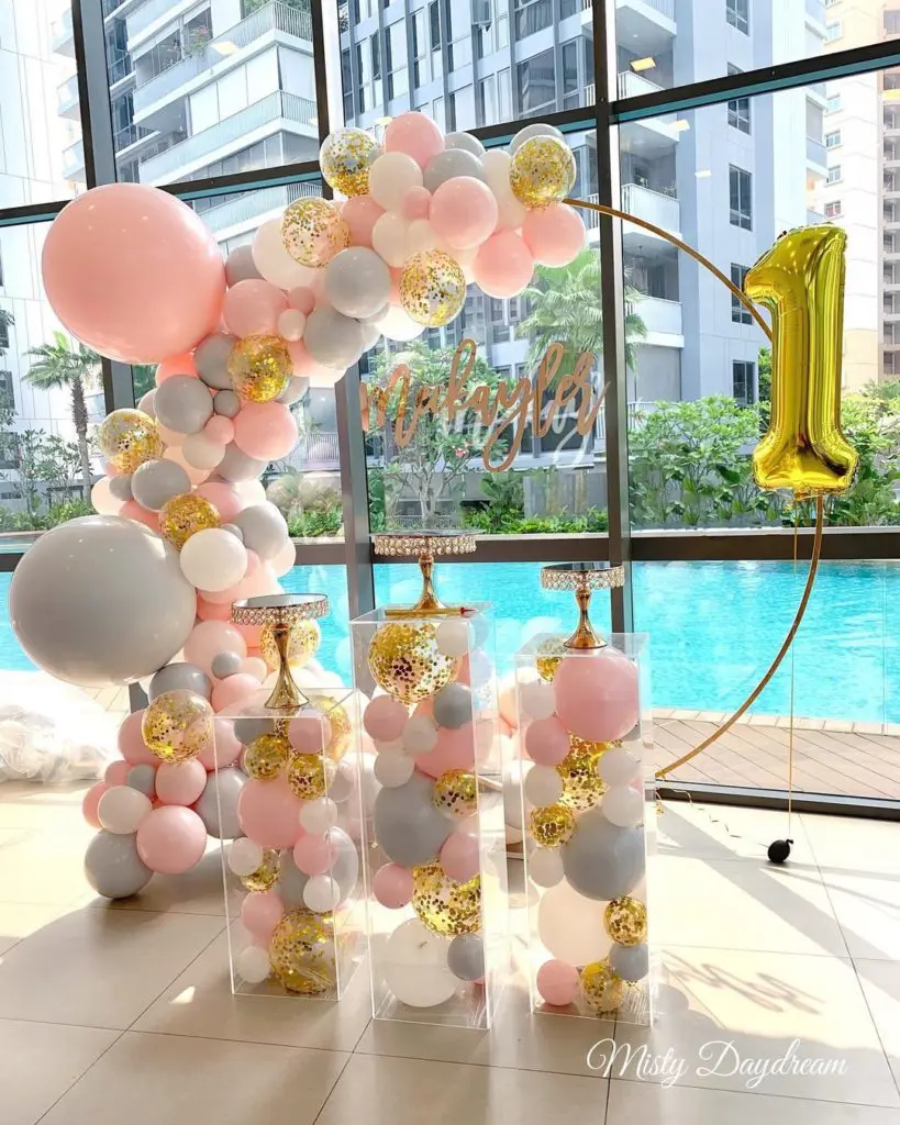 Pink and Grey 1st Birthday Organic Balloons Setup