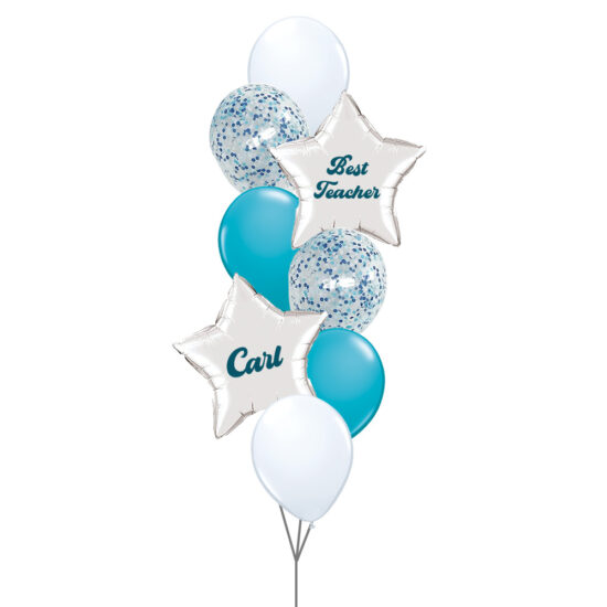 Teacher's Day Balloon Bouquet - 2x Silver Star Foil Balloons with Customised Text + Blue Balloon Bouquet