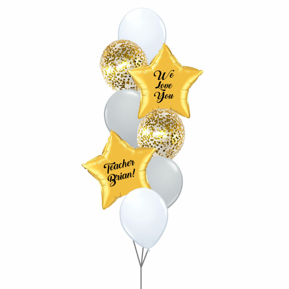 Teacher's Day Balloon Bouquet - 2x Gold Star Foil Balloons with Customised Text + Gold Balloon Bouquet