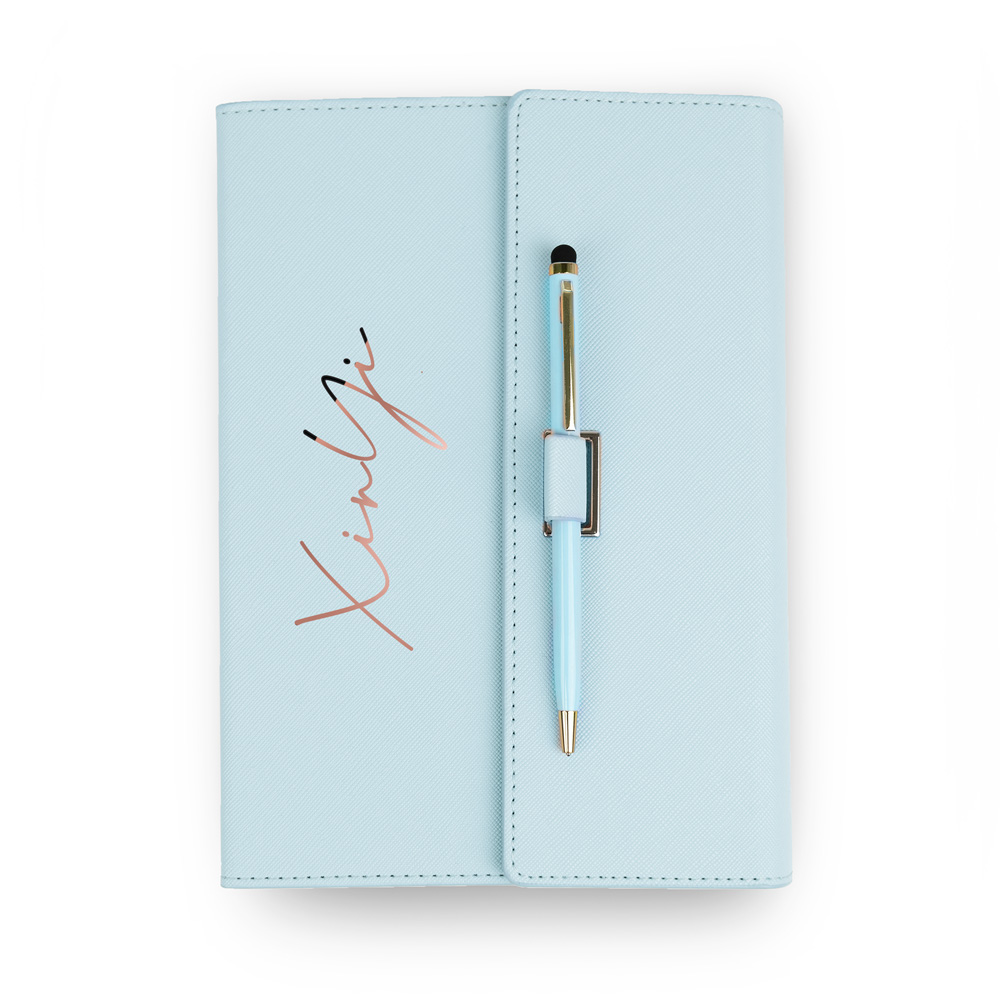 Custom Name A5 Saffiano Leather Notebook Set - Light Blue