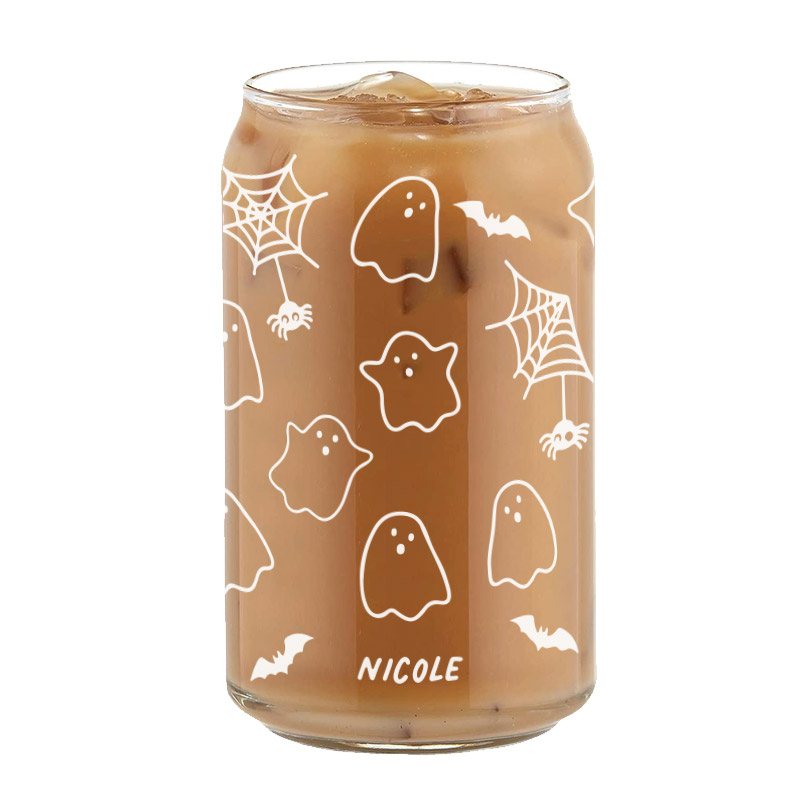 ‘[CUSTOM NAME] Little Ghost with Spider - Beer Coffee Can Glass Cold Beverage Glass