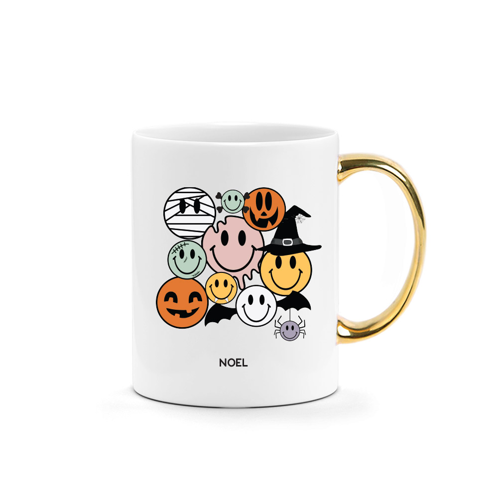 [CUSTOM NAME] Halloween Printed Mug - Spooky Smiley Emojis Design