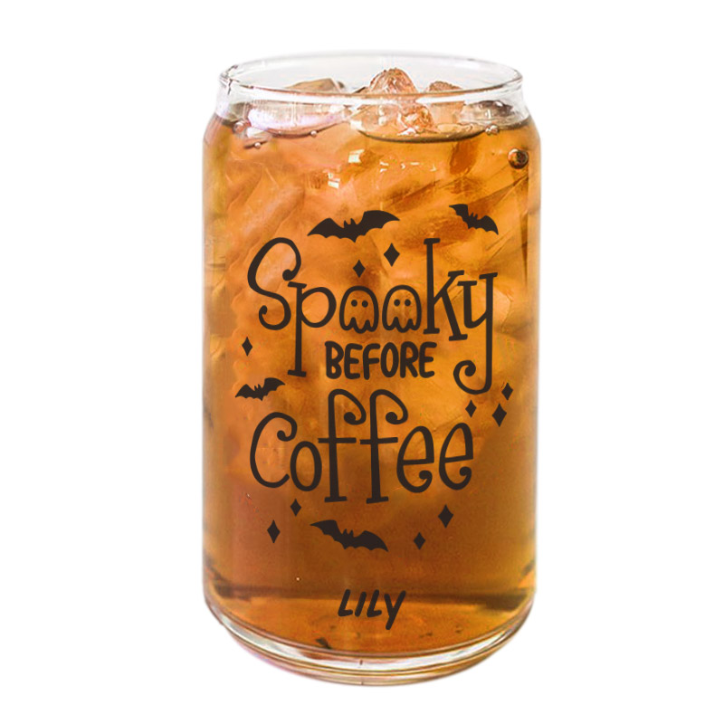 ‘[CUSTOM NAME] Spooky Before Coffee - Beer Coffee Can Glass Cold Beverage Glass