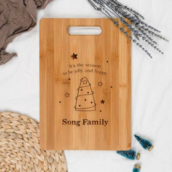 [Custom Family Name] Engraved Wooden Chopping Board - Cute Stars And Tree