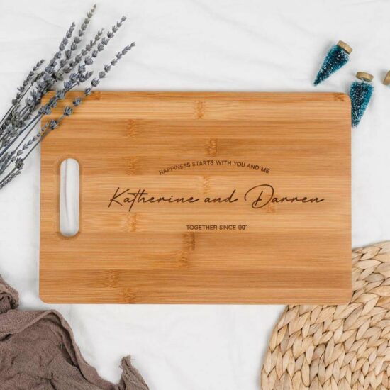 [Custom Couple Names] Engraved Wooden Chopping Board - Happiness Between Us Horizontal