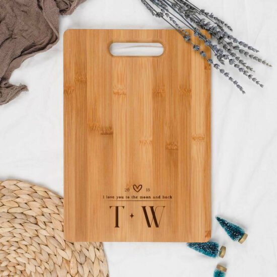 [Custom Couple Two Initials] Engraved Wooden Chopping Board - Heart Couple Monogram