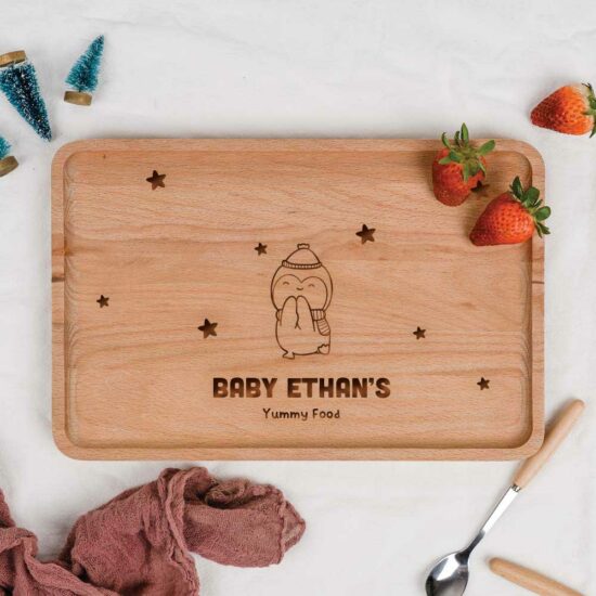 [Custom Name Custom Subtext] Christmas Collection Engraved Wooden Serving Tray - Penguin And Stars
