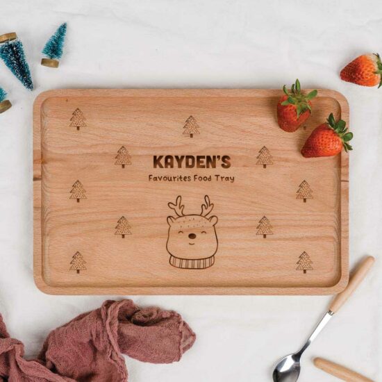 [Custom Name Custom Subtext] Christmas Collection Engraved Wooden Serving Tray - Reindeer And Trees