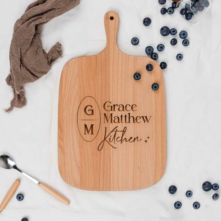 [Custom Initial & Name] Engraved Wooden Cutting Board - Couple Kitchen