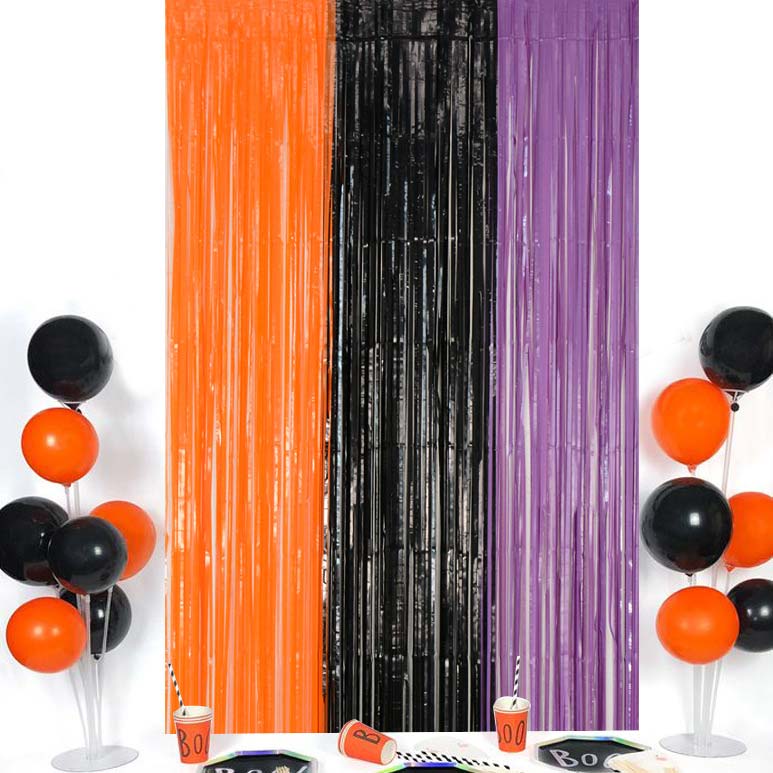 Halloween Theme - Orange Black Purple Tri-colors Tinsel Curtain Backdrops 200cm x 100cm