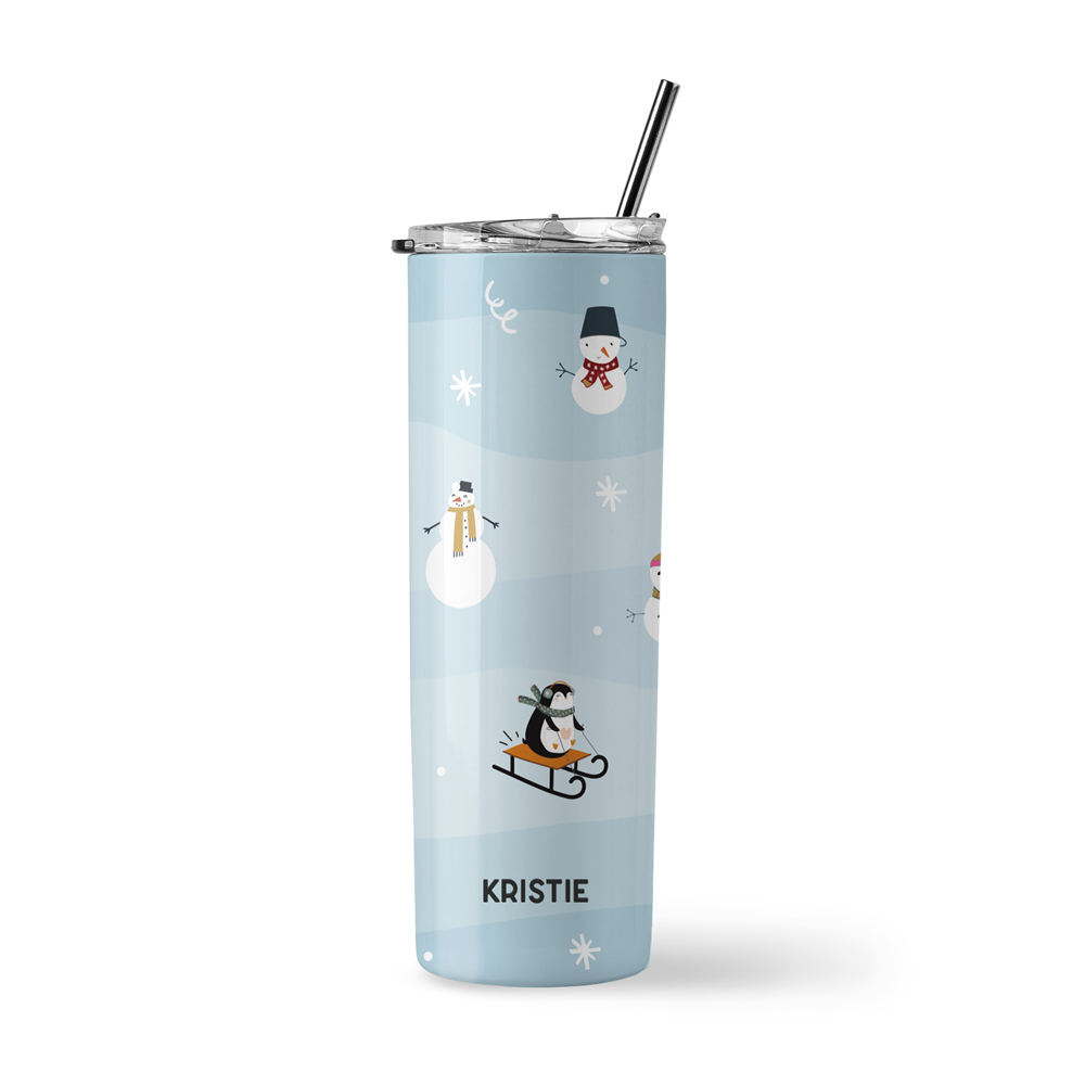 Custom Tumbler - Playful Penguins & Snowmen Design